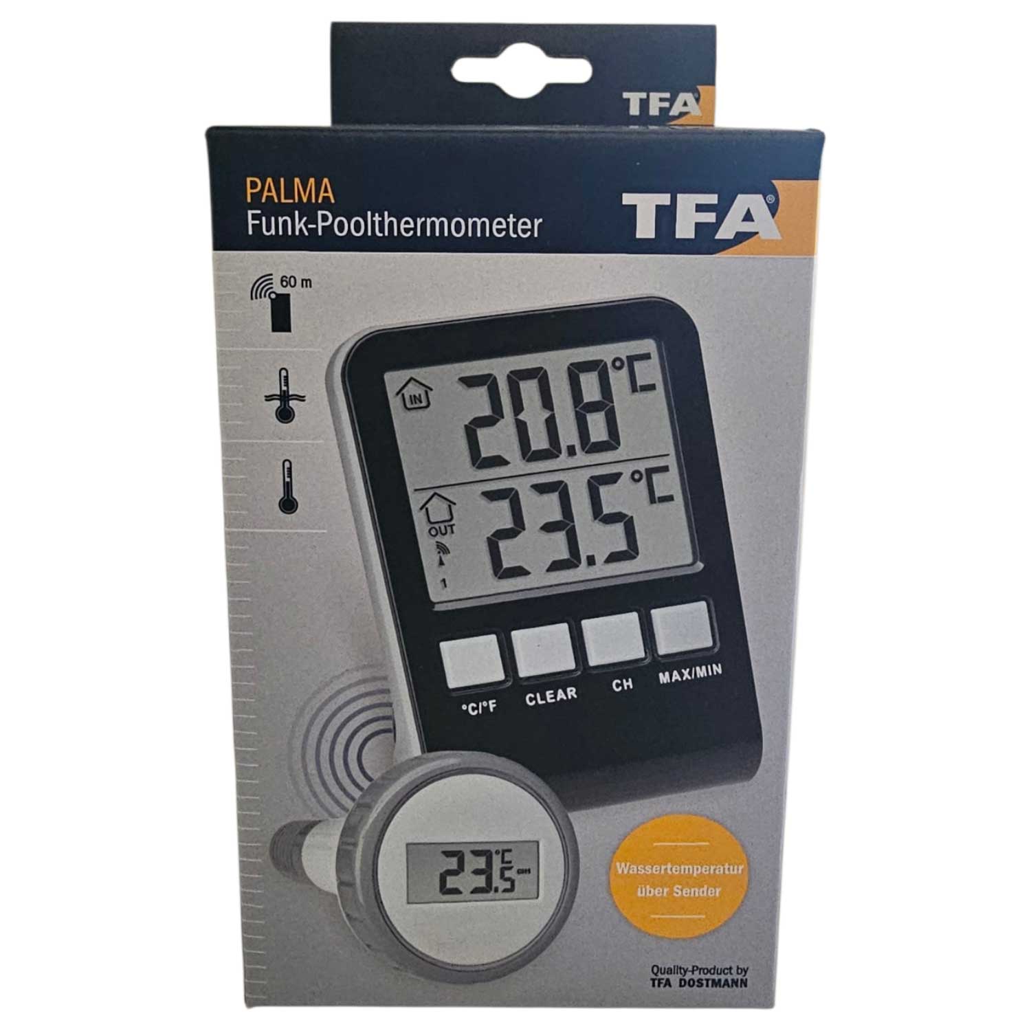 Ein digitales kabelloses Poolthermometer mit Anzeigeeinheit und schwebendem Sensor in der Verpackung.