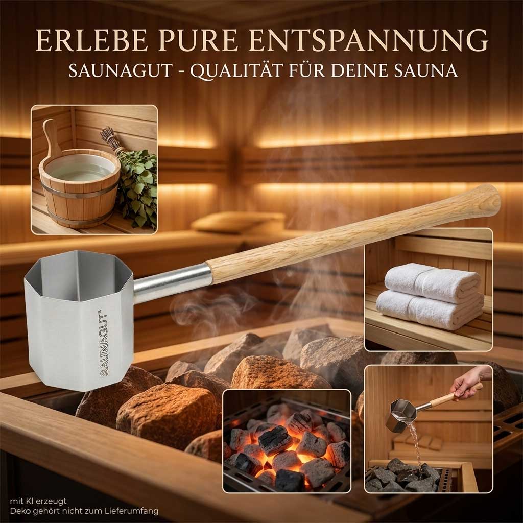 Saunakelle aus Edelstahl mit Holzgriff, der über heißen Saunasteinen positioniert wird.