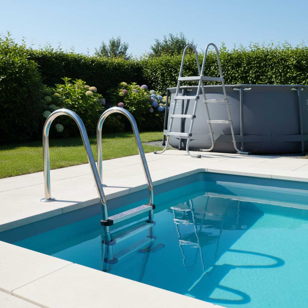 In den Boden eingelassener Pool mit Leiter und Sicherheitsleiter vor einem grauen runden Aufstellpool.