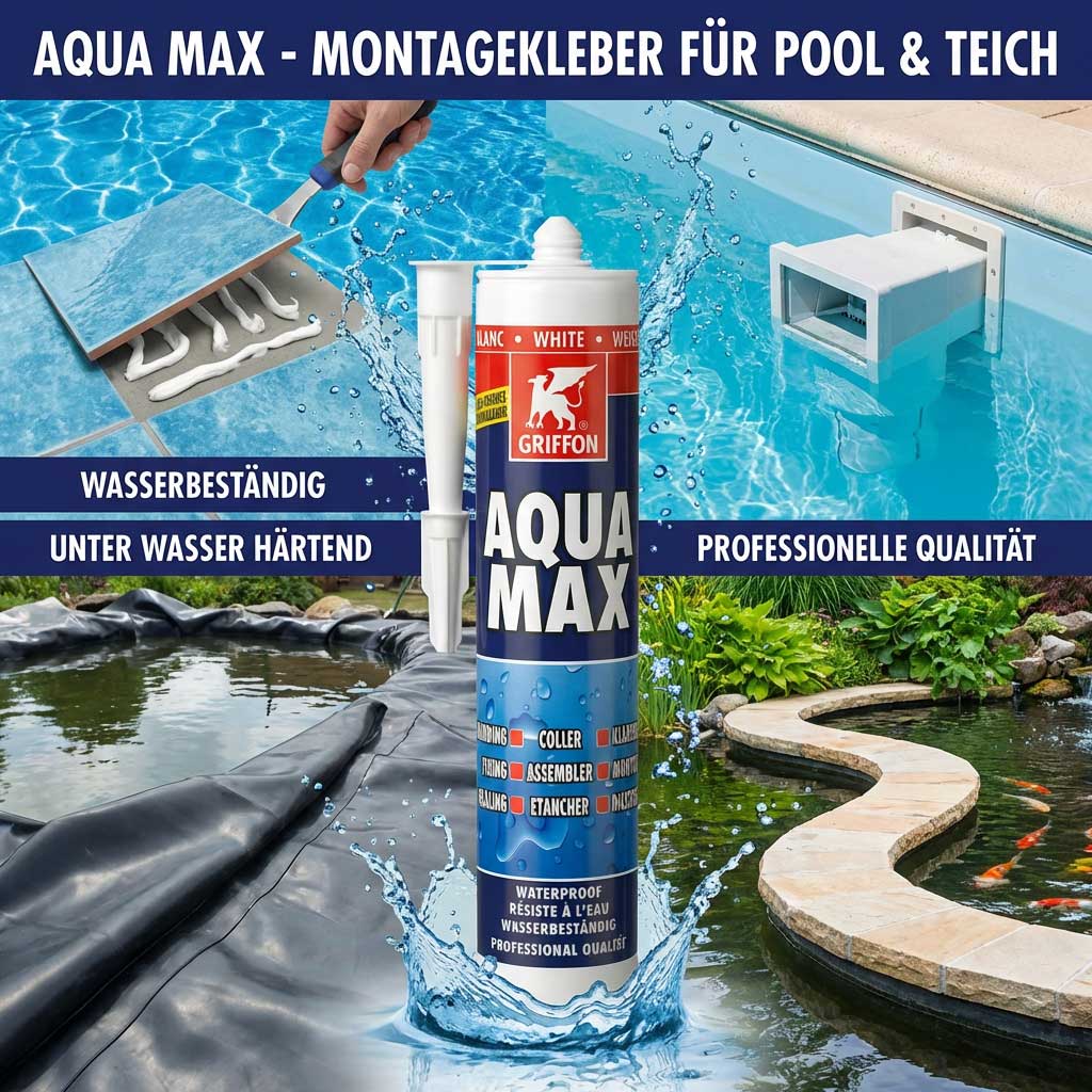 Wasserfester Kleber für die Installation in Pools und Teichen, abgebildet in der Nähe von Wasser.