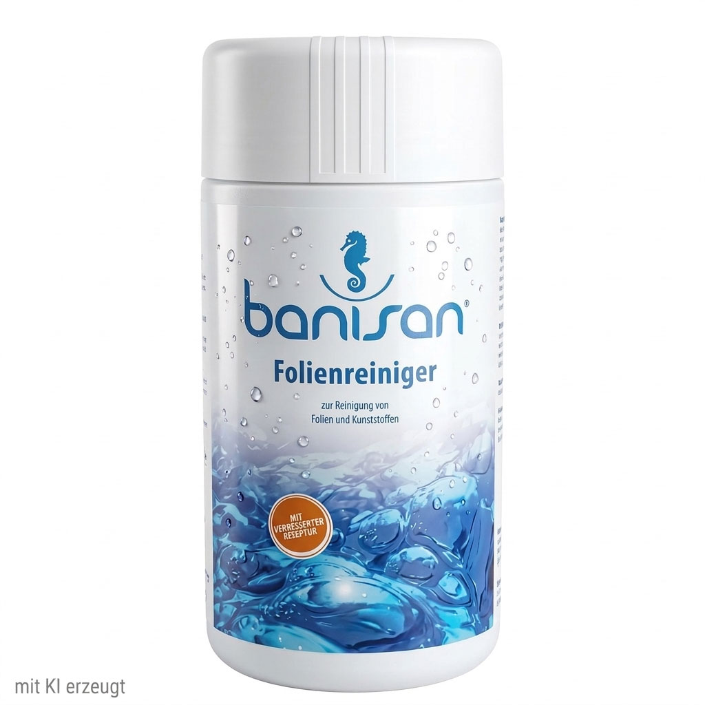Eine weiße Plastikflasche Poolfolienreiniger mit einer blauen Wassergrafik auf dem Etikett.