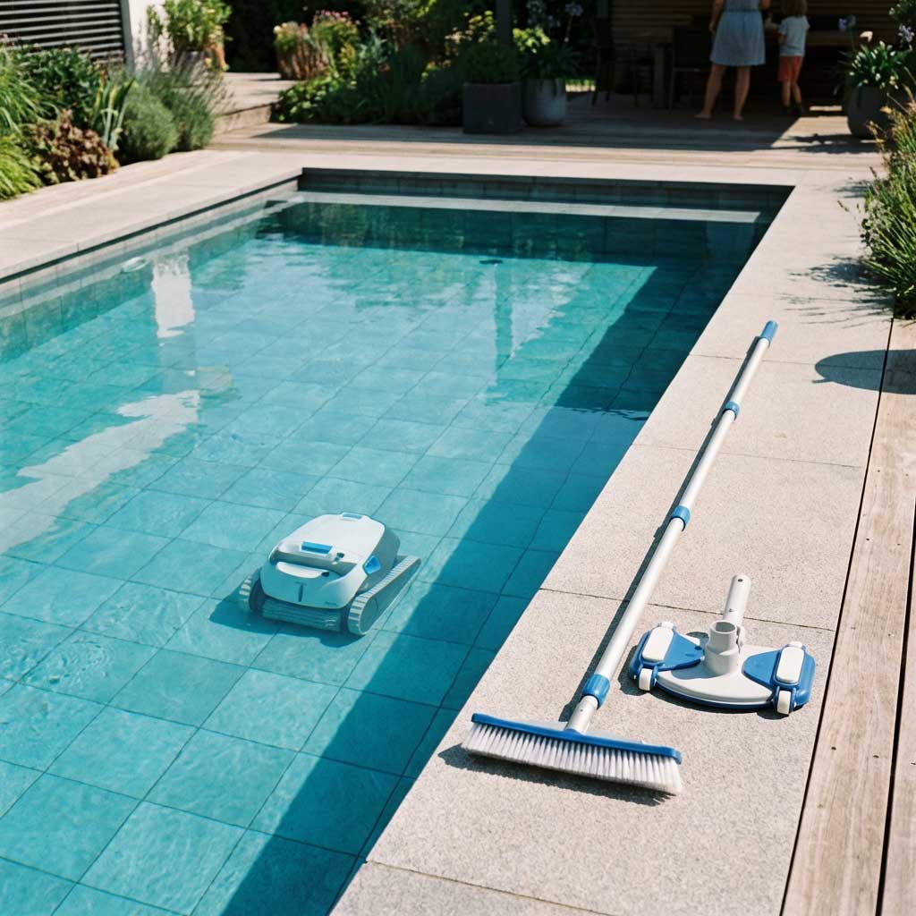 Das Bild zeigt ein rechteckiges Schwimmbad mit einem Roboter-Poolreiniger im Wasser und Reinigungswerkzeugen.