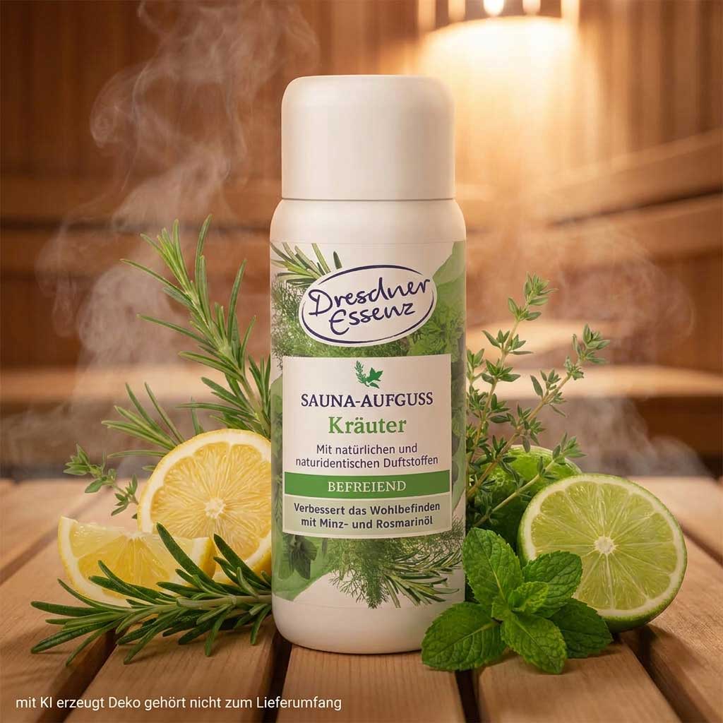 Eine weiße Flasche Dresdner Essenz Kräuter-Saunaaufgusskonzentrat auf einer Holzoberfläche.