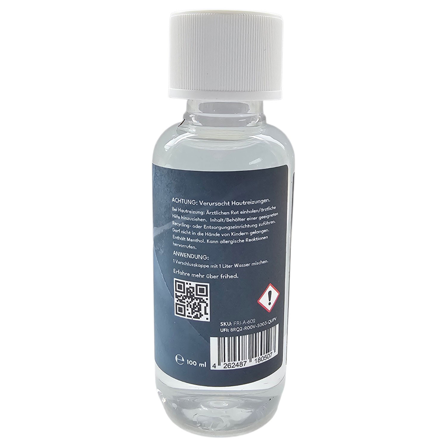 Eine durchsichtige Plastikflasche mit Menthol-Saunaflüssigkeit von Frihed mit weißem Verschluss und Produktetikett.