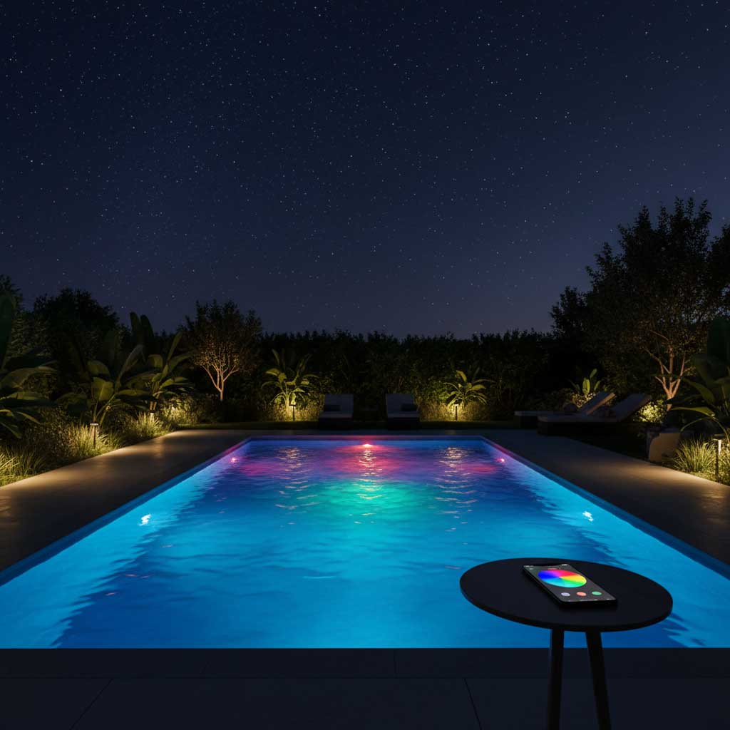 Rechteckiger Pool mit mehrfarbiger LED-Beleuchtung, nachts per Smartphone-App steuerbar, Blick auf den Garten.