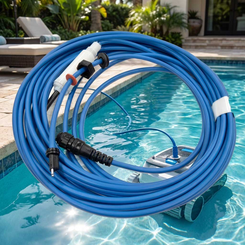 Poolreinigungsroboter mit langem blauen Kabel im Wasser.