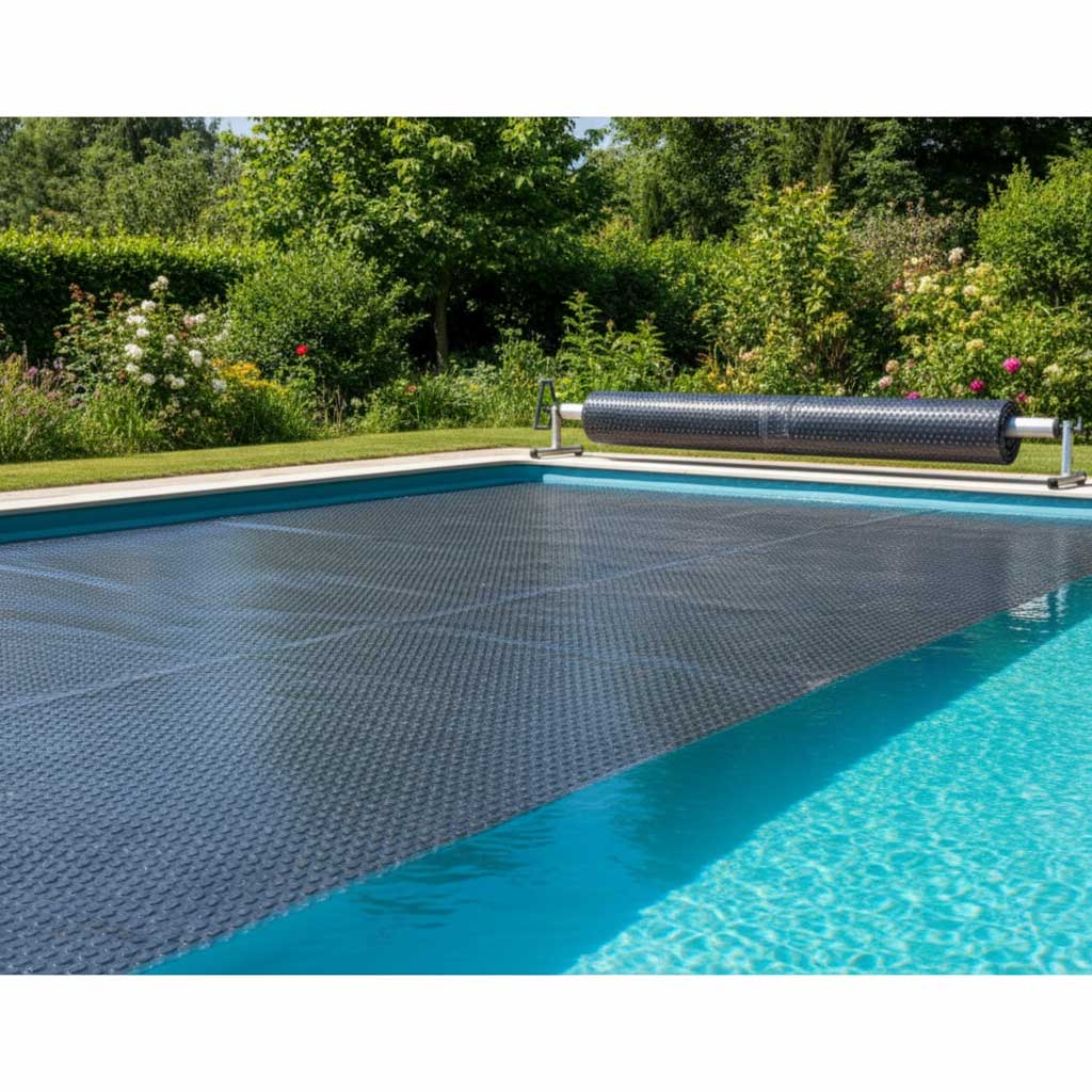 Rechteckiges Schwimmbecken mit dunkler Sicherheitsabdeckung und Rollmechanismus.