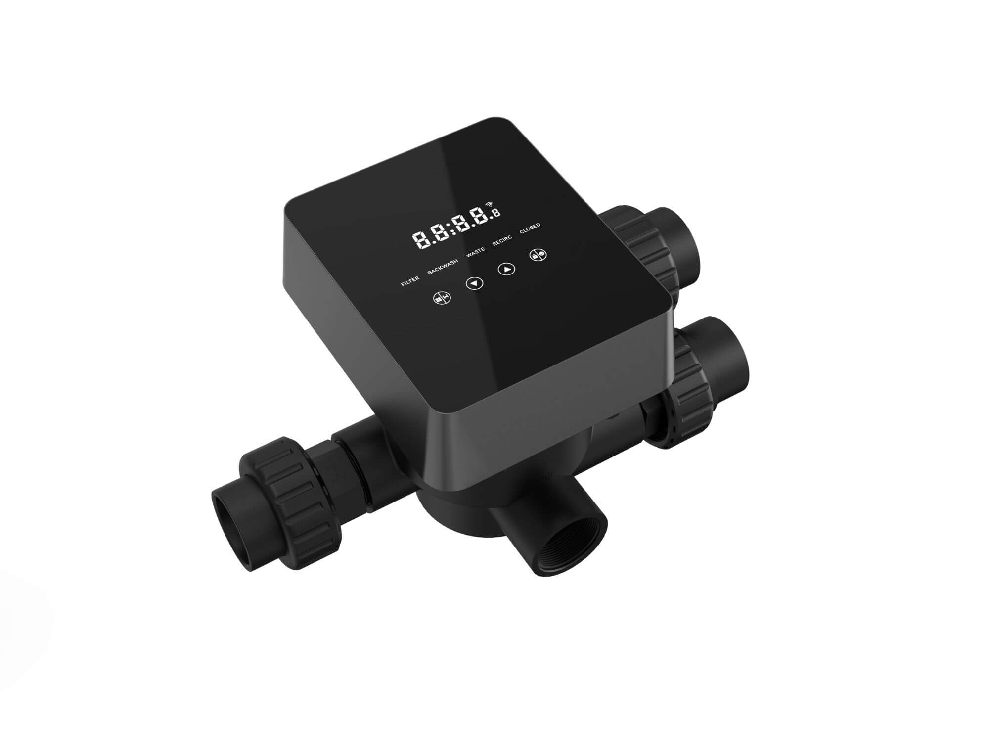 Schwarzes elektronisches Steuerventil mit Digitalanzeige.