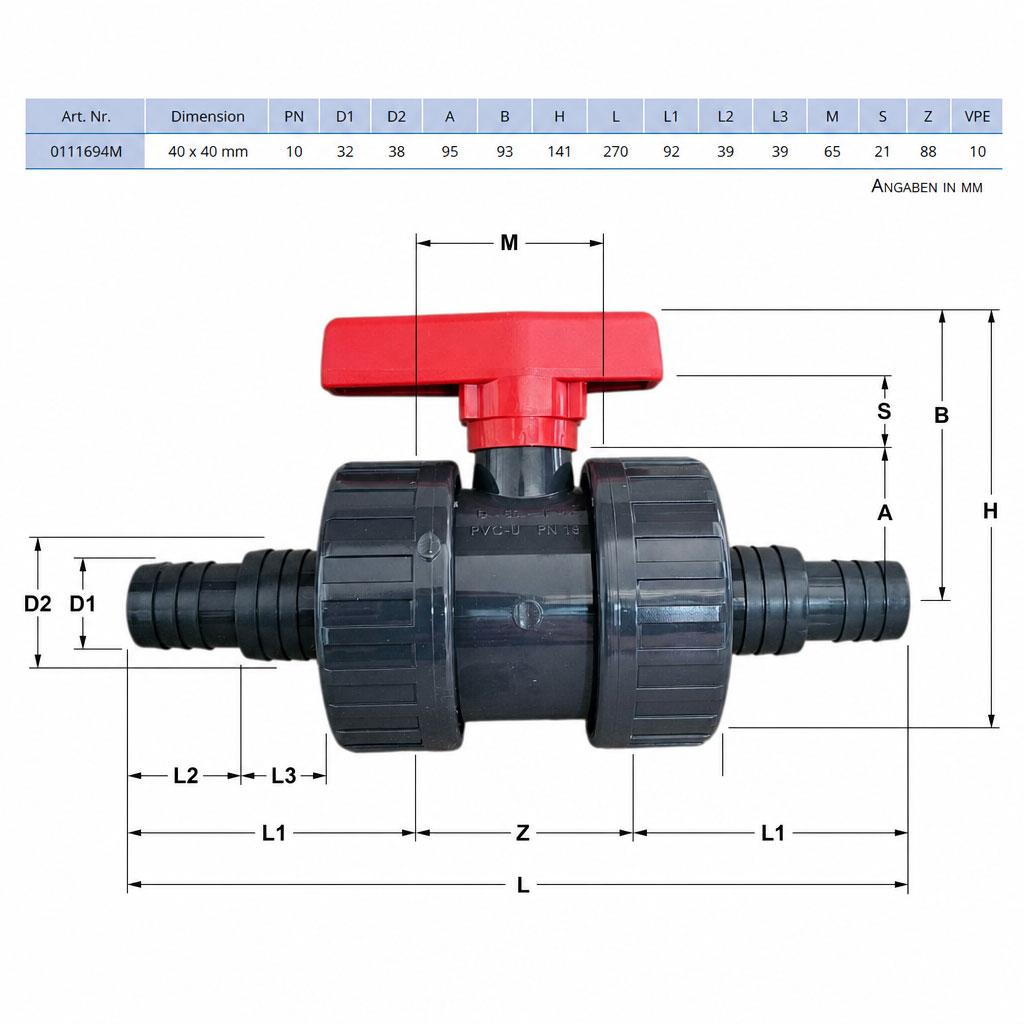 PVC-Ventil mit rotem Griff und Messmarkierungen für den Einbau.