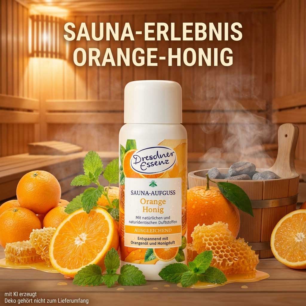 Eine Flasche Dresdner Essenz Saunaaufguss mit Orangen- und Honigduft.