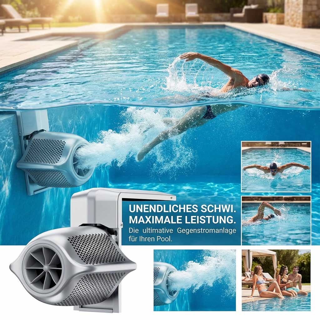 Schwimmbecken mit Gegenstromanlage und kräftigem Wasserstrahl zum Trainieren.