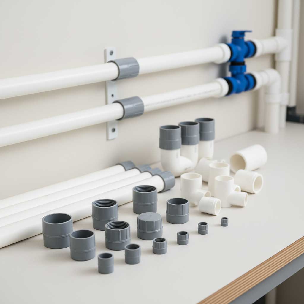 Das Bild zeigt eine Anordnung aus weißen PVC-Rohren, grauen Armaturen und blauen Ventilen auf einer Tischoberfläche.