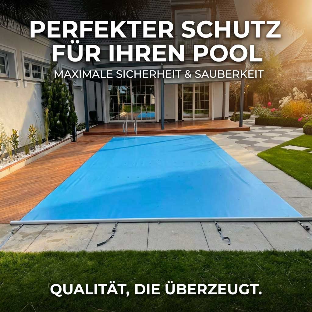 Rechteckiges Schwimmbecken mit blauer Sicherheitsabdeckung und automatischem Aufrollsystem.