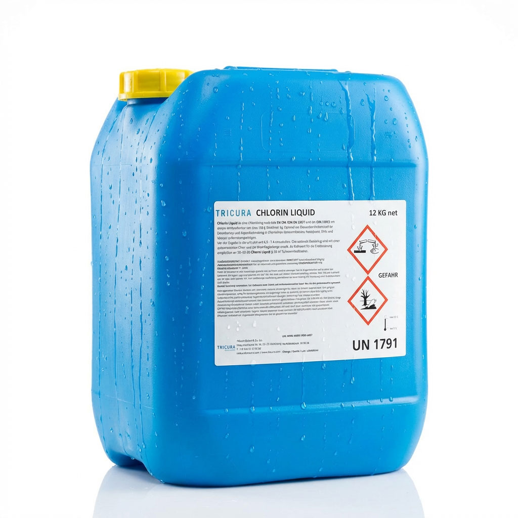 Blauer Behälter mit flüssigem Chlor mit Warnschildern und gelbem Verschluss.