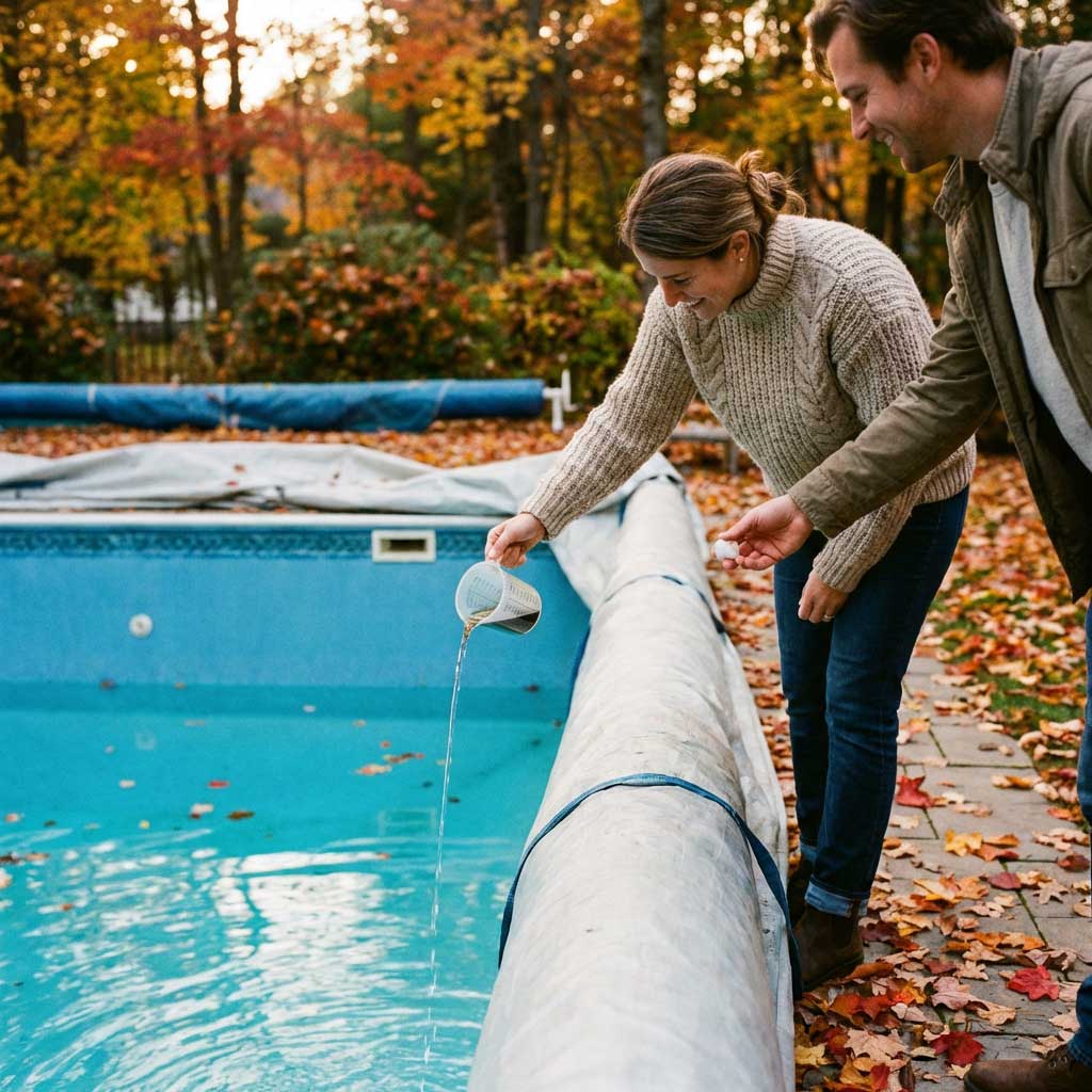 Frau schüttet eine Chemikalie aus einem Messbecher in ein überdachtes Freibad.
