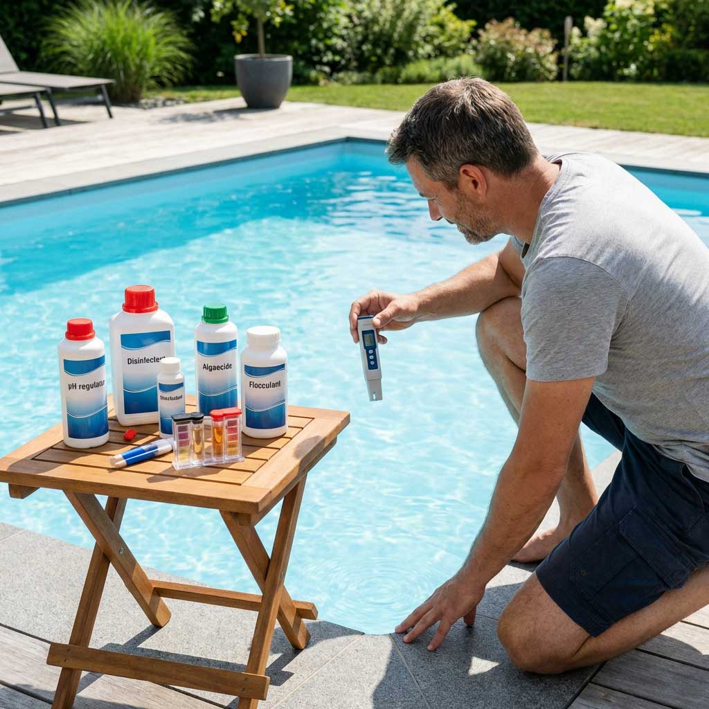 Das Bild zeigt die Poolwartung mit Chemikalien und Testgeräten im Außenbereich am Pool.