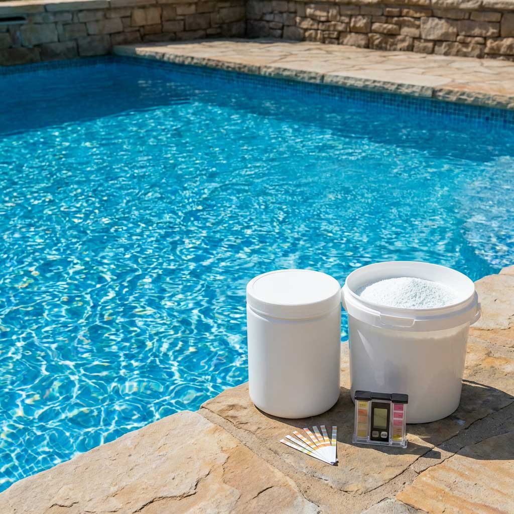 Das Bild zeigt Chemikalien zur Poolwasseraufbereitung und ein Testkit am Pool.