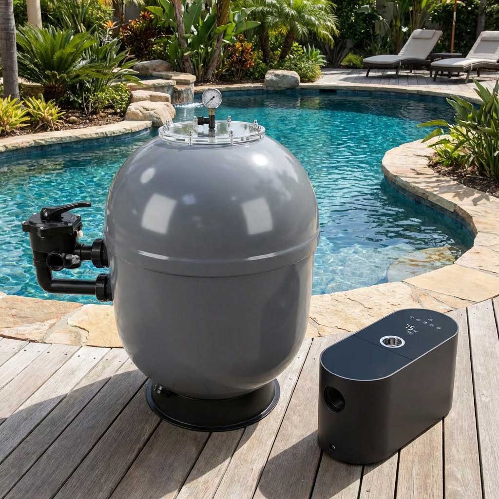 Großes graues Poolfiltersystem auf Holzdeck in der Nähe des Swimmingpools.