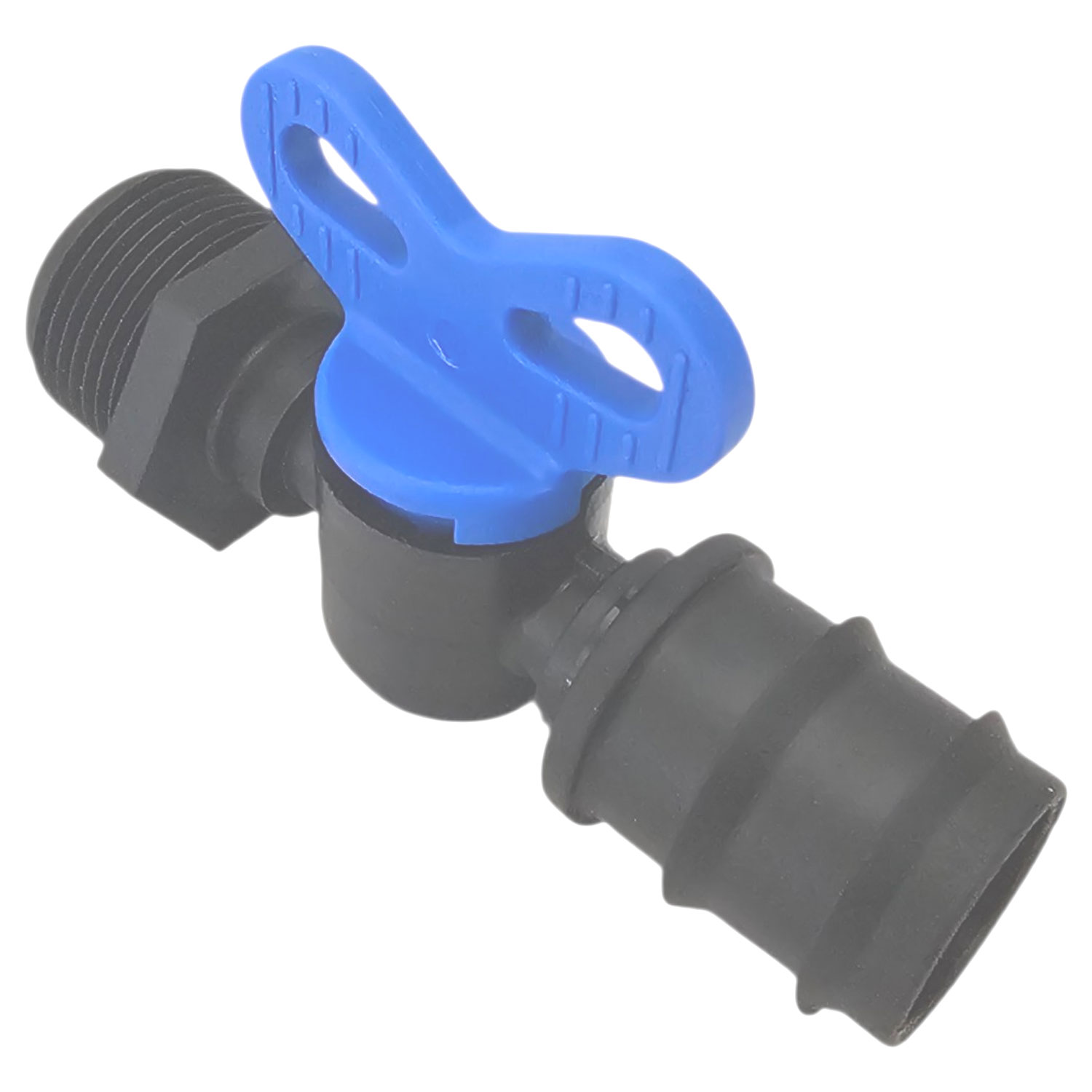 Schwarzes Ventil mit blauem Griff zur Steuerung des Wasserdurchflusses.