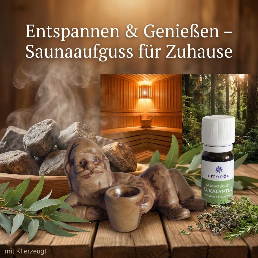 Eine kleine Flasche mit Saunaaufguss vor einem Korb mit heißen Saunasteinen.