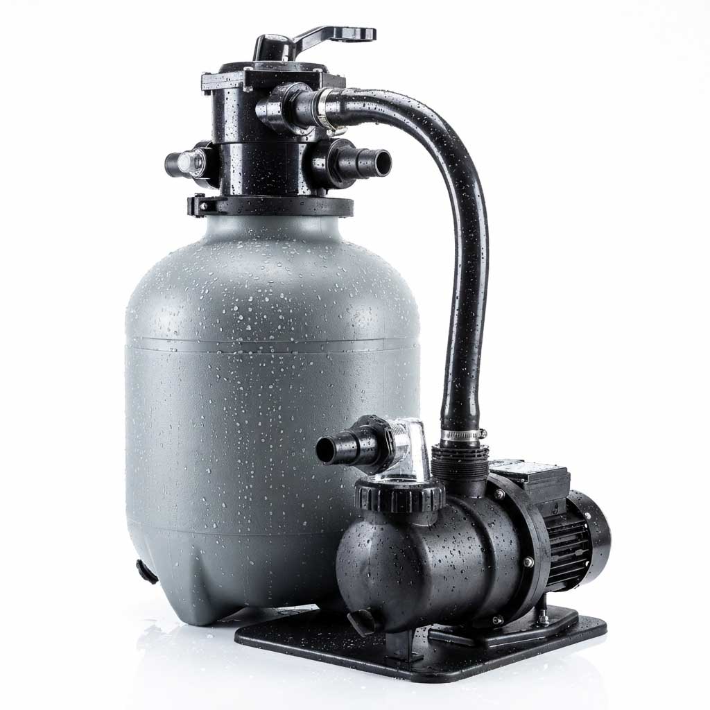 Grauer Poolfilter und Pumpe mit Wassertropfen auf der Oberfläche.