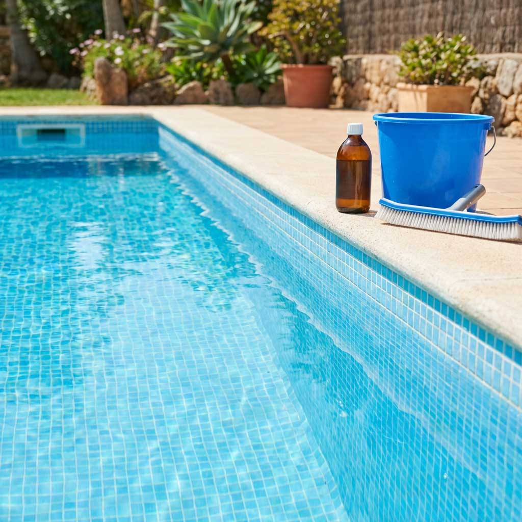 Gefliester Pool mit Reinigungsmitteln: Flasche, Eimer und Bürste auf dem Pooldeck.