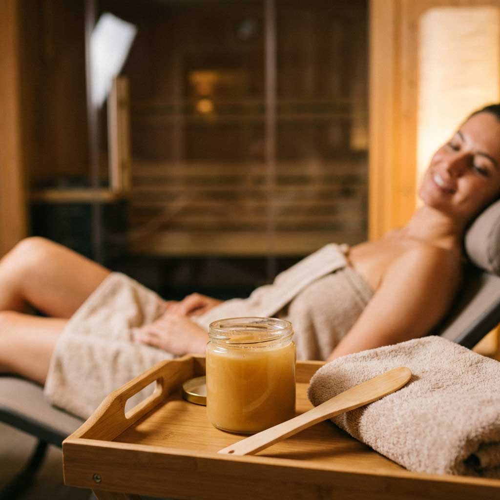 Frau entspannt sich in der Sauna mit Honigglas und Handtuch auf Holztablett und fördert das Wohlbefinden.