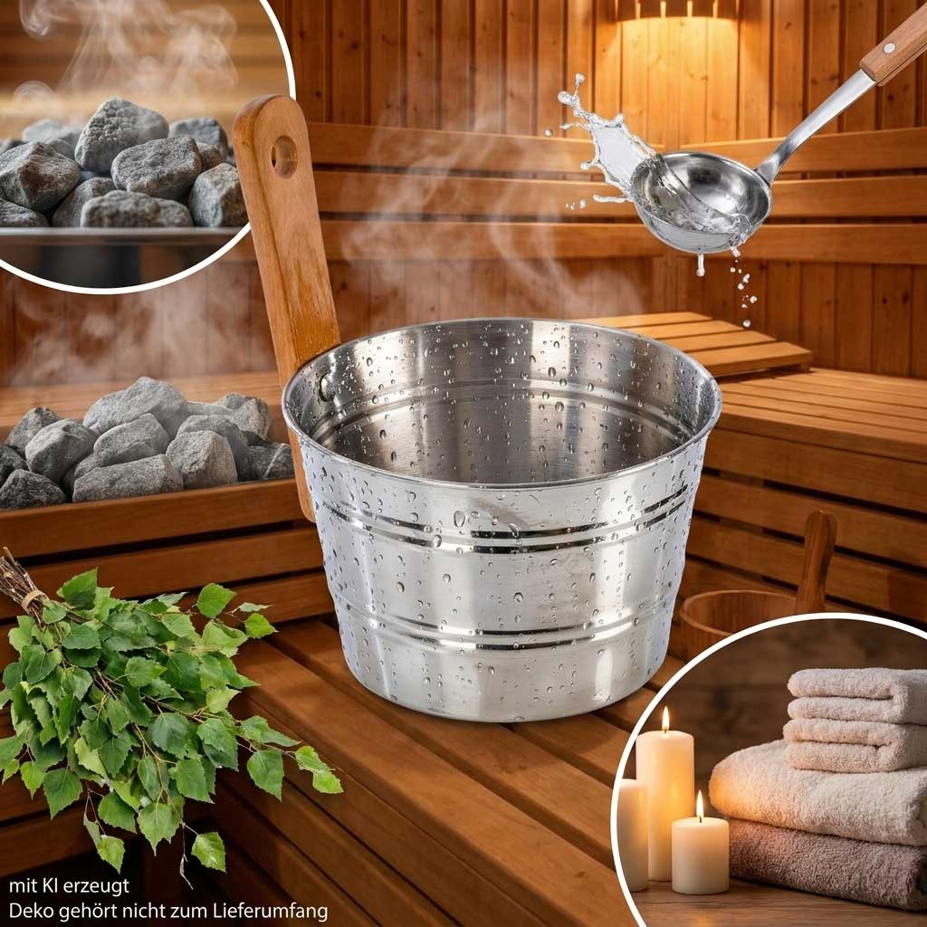 Saunakübel aus Edelstahl mit Holzgriff für Wasseraufgüsse in der Sauna.