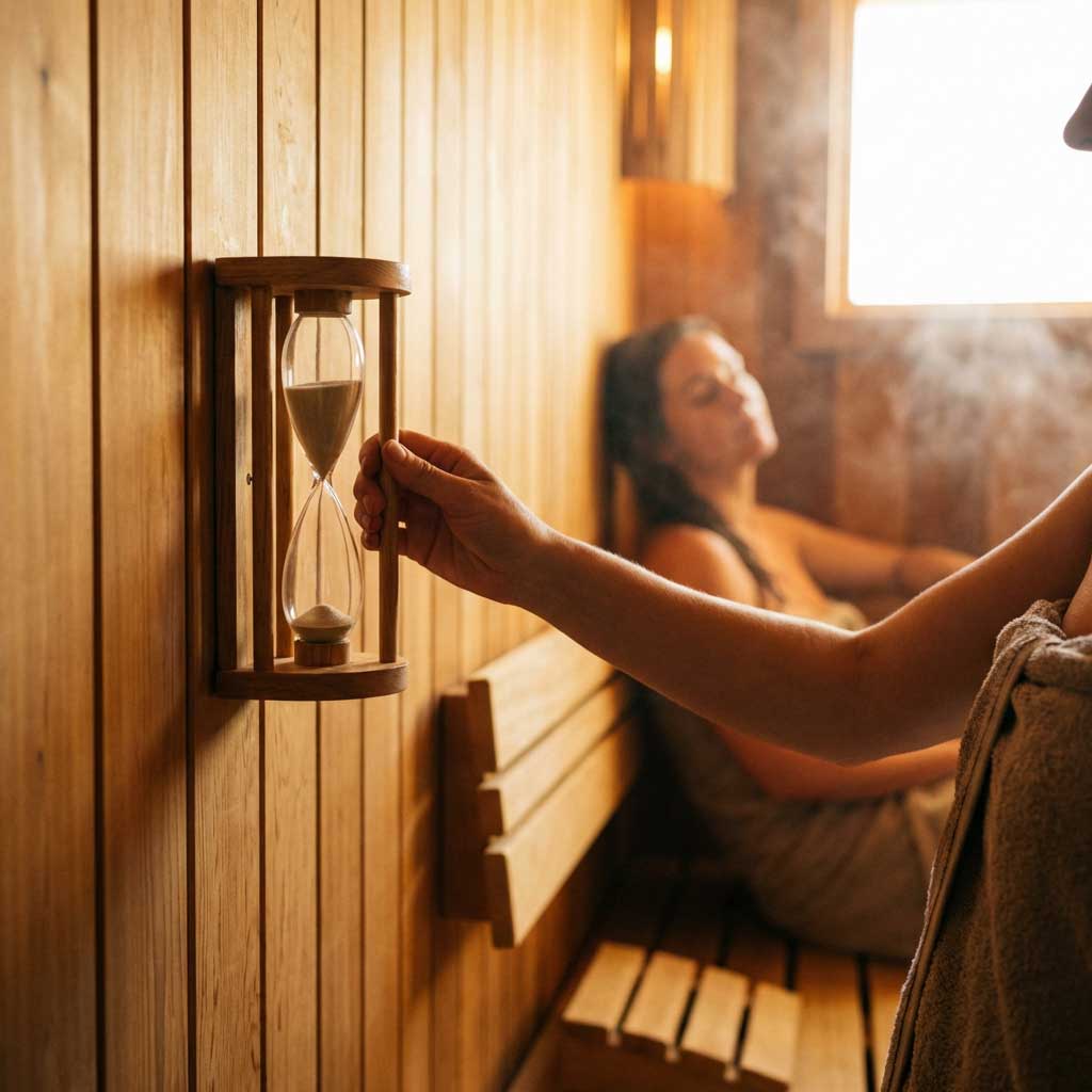 Sanduhr wird in einer Holzsauna gedreht, im Hintergrund entspannt sich eine Frau auf einer Bank.
