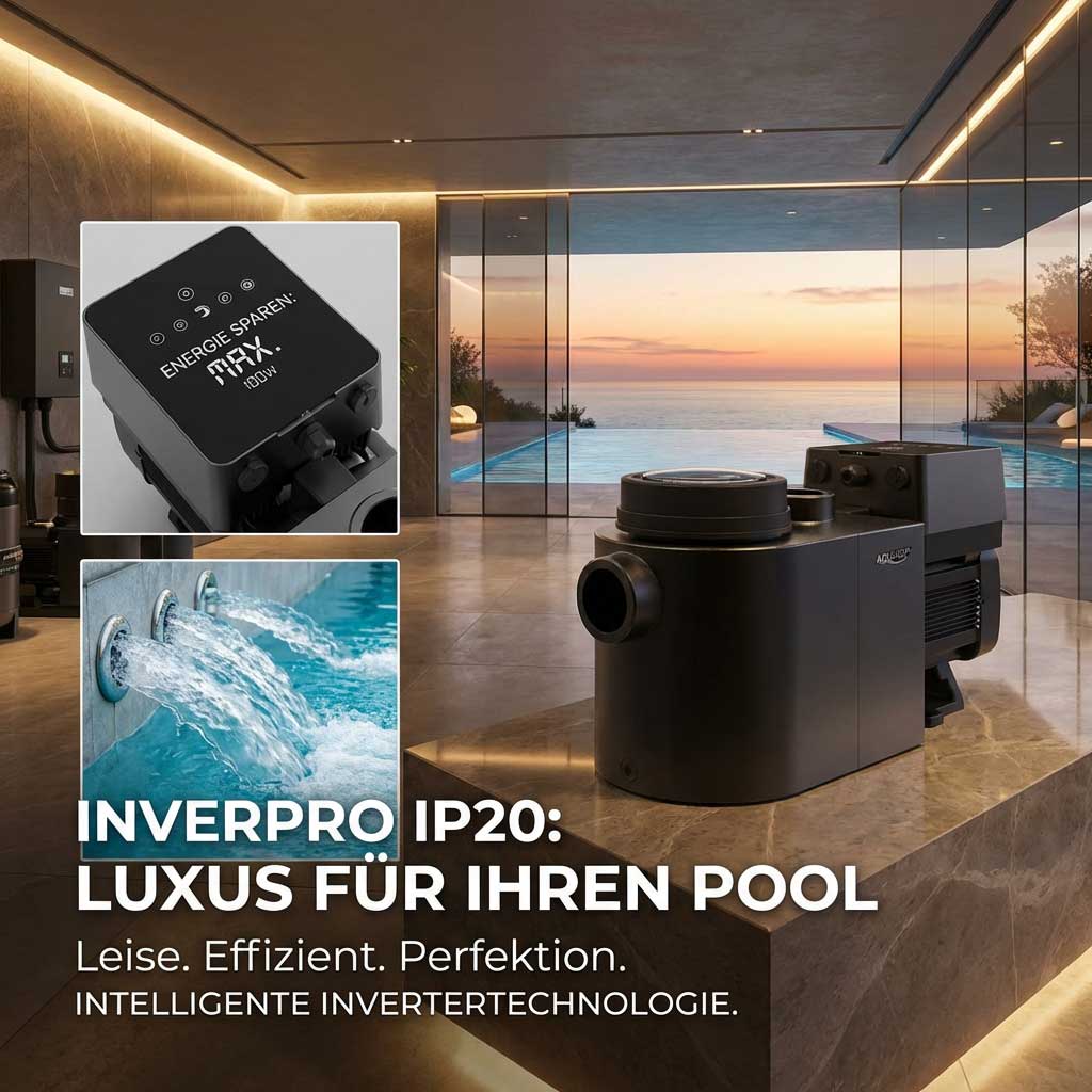 Eine schwarze Poolpumpe mit digitaler Anzeige „ENERGIE SPAREN: MAX. 100 W und Wasserdüsen.