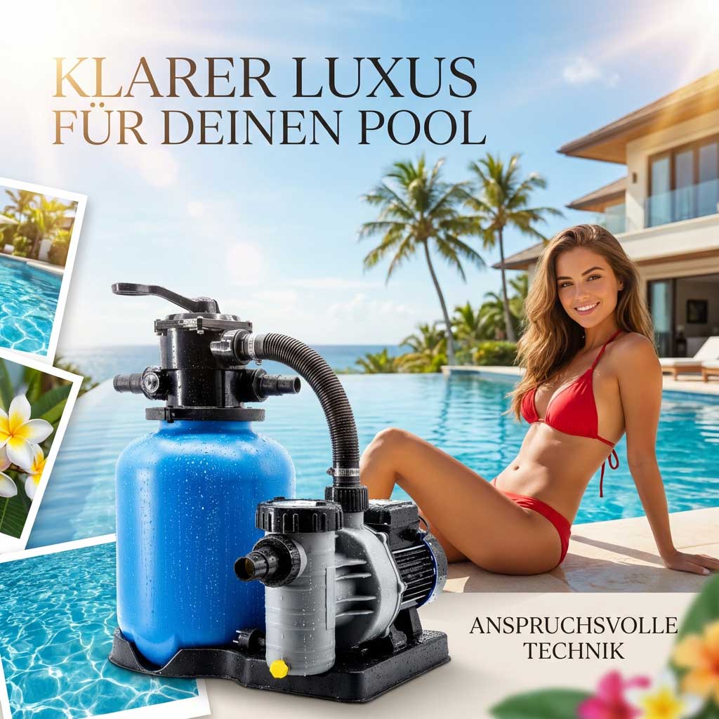 Poolfiltersystem mit blauem Tank und Pumpe neben einem Schwimmbad.