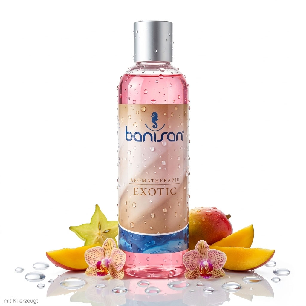 Eine durchsichtige Plastikflasche mit Badezusatz Banisan Exotic, bedeckt mit Wassertropfen.