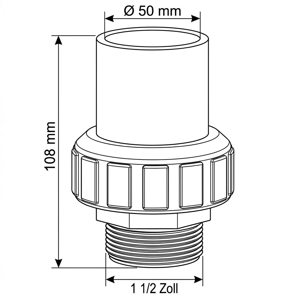 Verbinder mit einem Durchmesser von 50 mm und einer Länge von 108 mm.