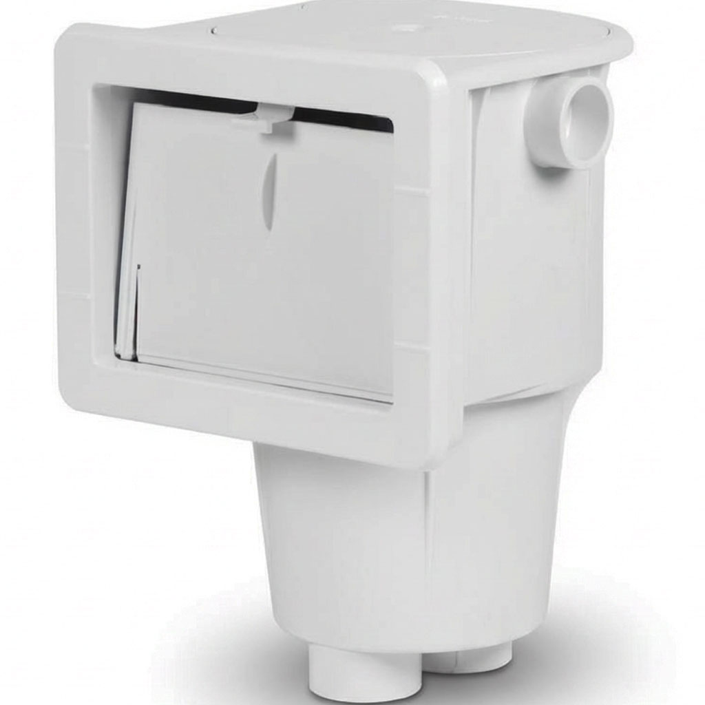 Weißer Skimmer für Pool mit quadratischer Öffnung und Anschlussstutzen