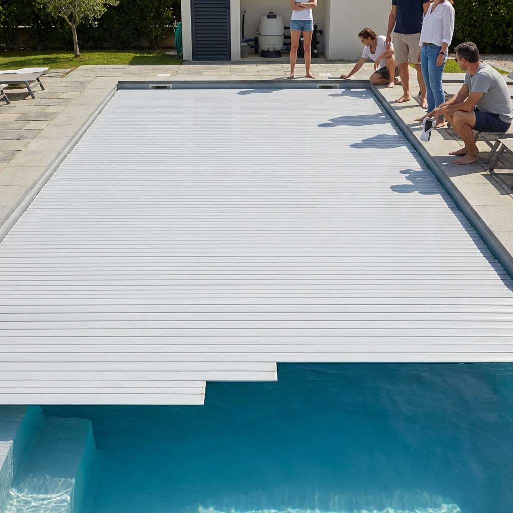 Rechteckiger Pool, abgedeckt mit einem automatischen weißen Lamellen-Poolabdeckungssystem für Sicherheit und Sauberkeit.
