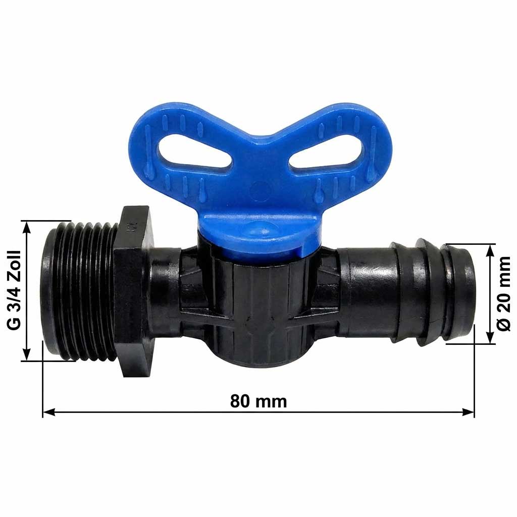Kunststoffventil mit blauem Griff und Gewindeanschluss für Wassersysteme.
