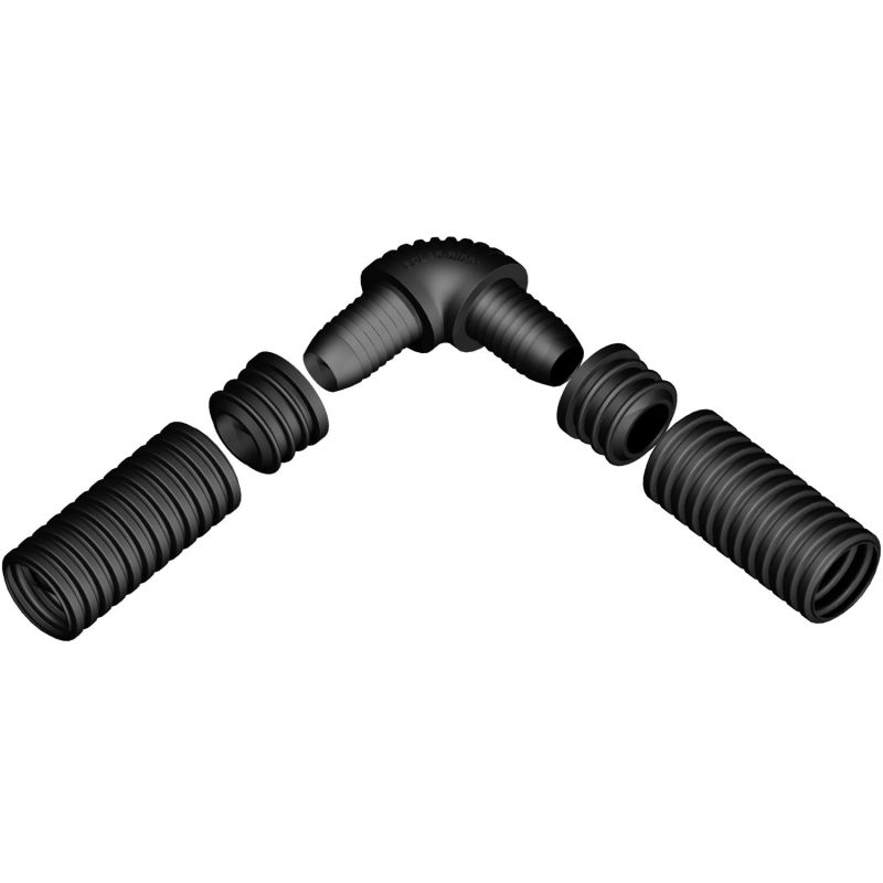 Nahaufnahme von schwarzen Wellrohren mit 90-Grad-Winkelverbinder für die Kabelführung.