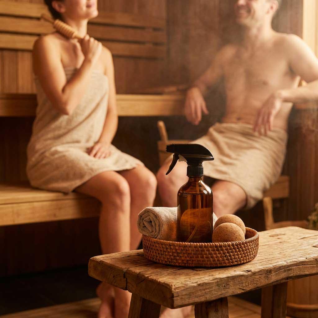 Sauna-Interieur mit Aromatherapie-Sprühflasche, Handtüchern und Saunagängern auf Holzbänken.