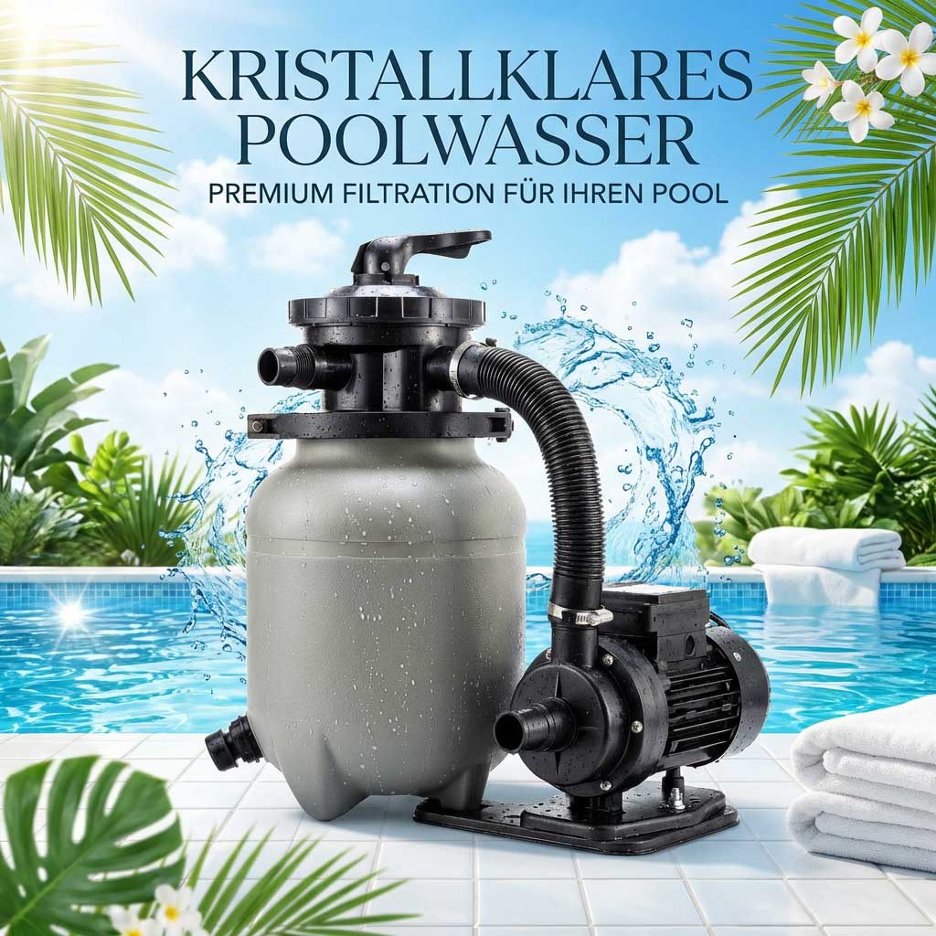 Poolfiltersystem mit Pumpe und Filter in einem Schwimmbad.