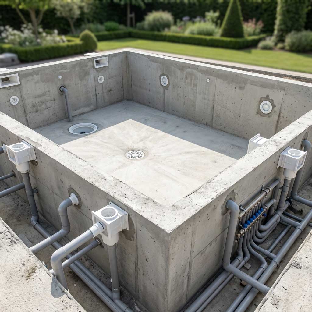 Bild eines im Bau befindlichen Betonschwimmbeckens mit Sanitär- und Strukturelementen.