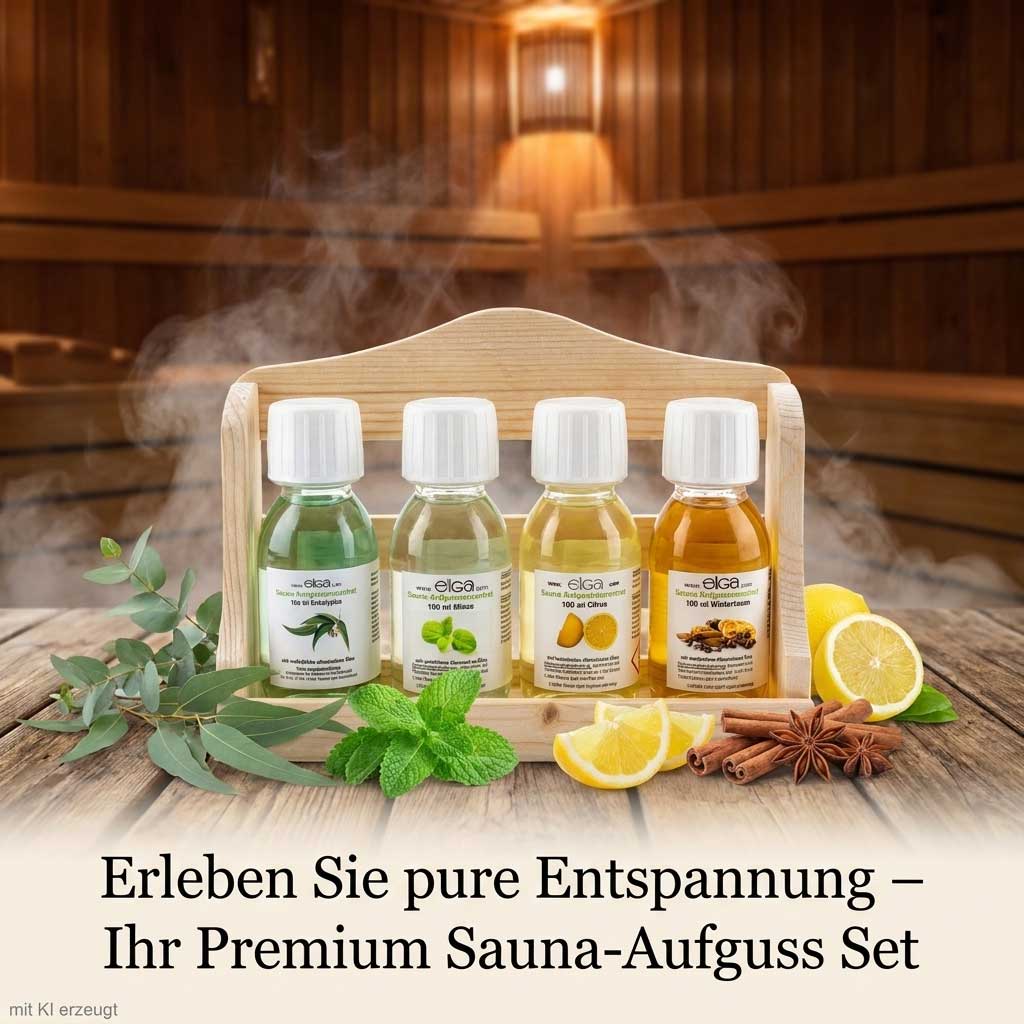 Vier kleine Flaschen Saunaduftöl in einem Holzhalter angeordnet.