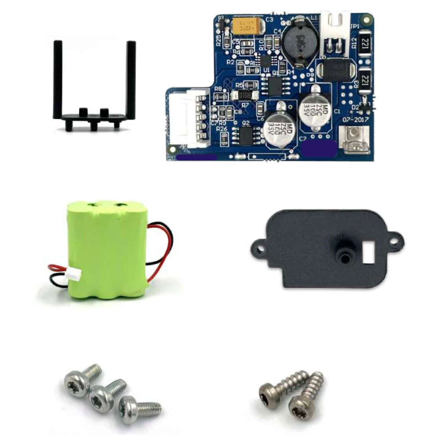Eine Auswahl elektronischer Komponenten, darunter Leiterplatte, Batterie und Schrauben.