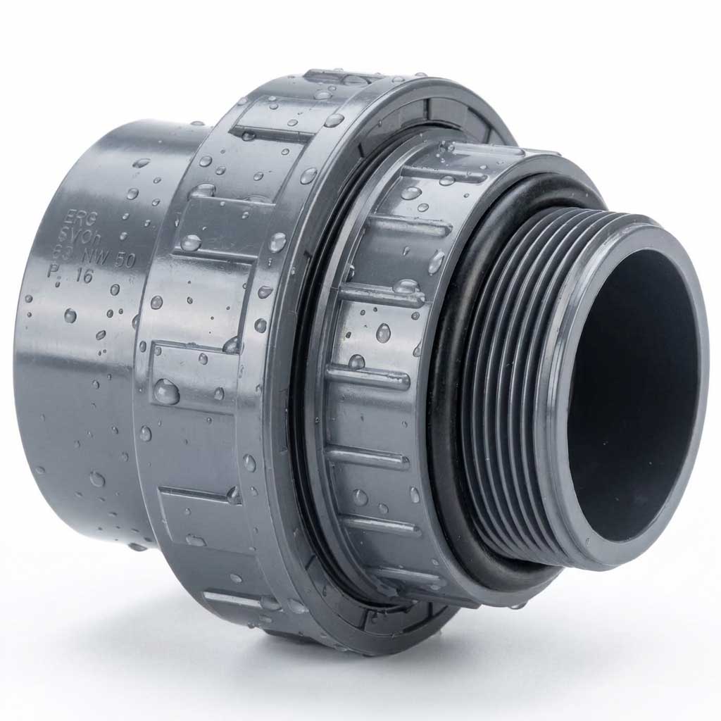 Graue PVC-Rohrverschraubung mit Gewindeanschluss und Wassertropfen.