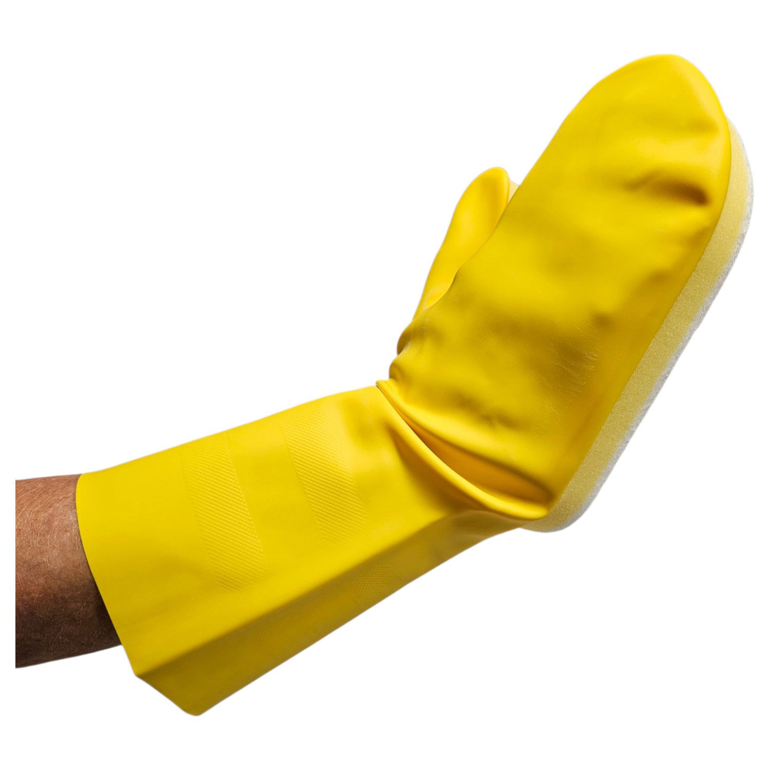 Ein gelber Gummi-Reinigungshandschuh mit integrierter Schwammoberfläche für die Whirlpool-Pflege.