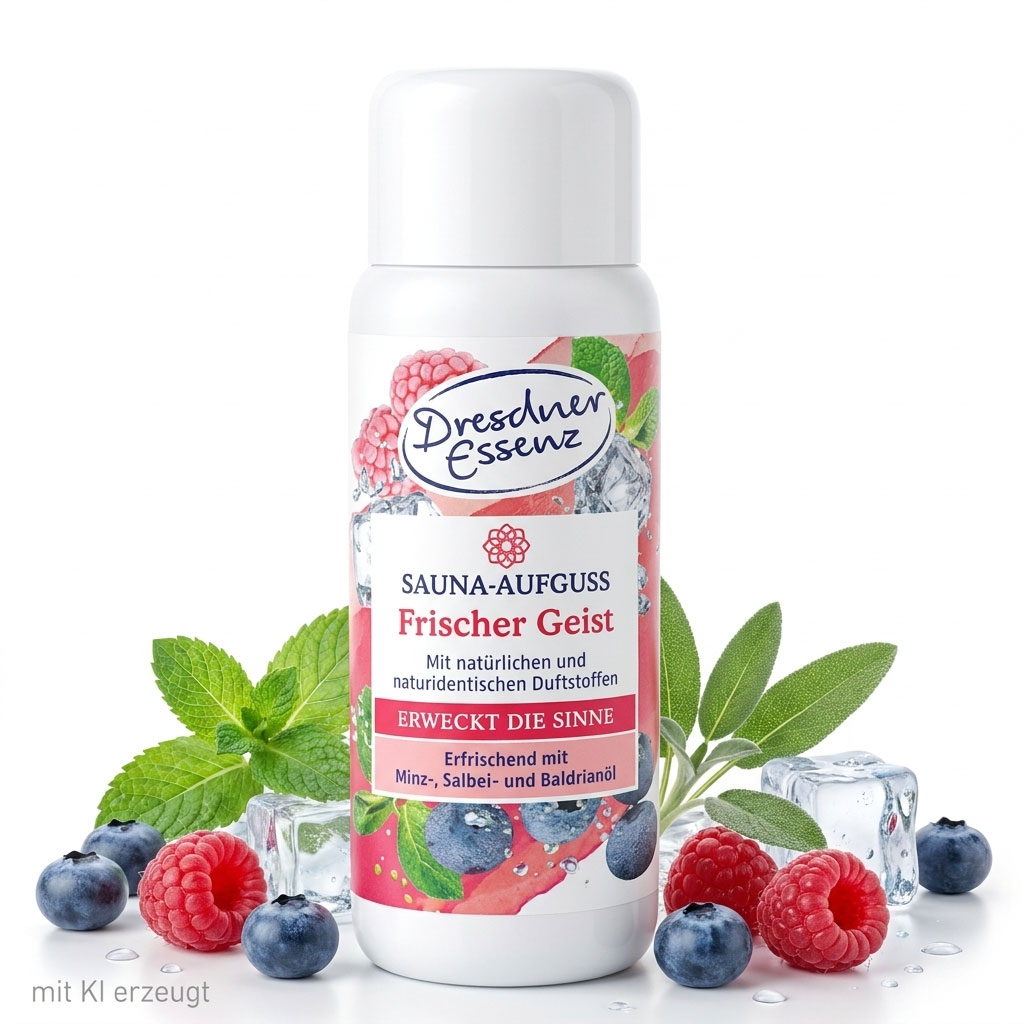 Eine weiße Plastikflasche Dresdner Essenz Saunaaufguss mit der Aufschrift Frischer Geist.