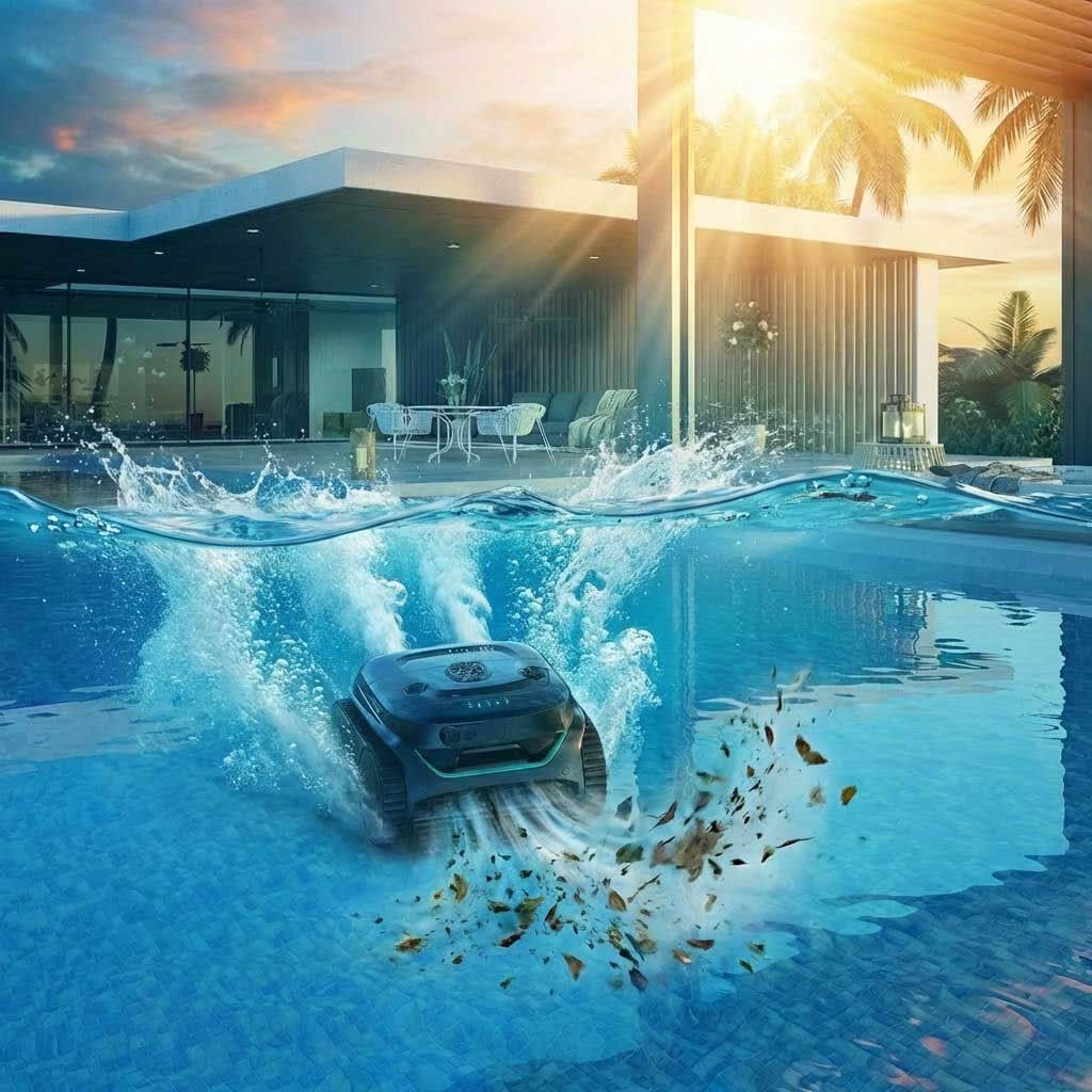 Roboter-Poolreiniger taucht in ein Schwimmbecken ein und reinigt aktiv Schmutz von der gefliesten Oberfläche.