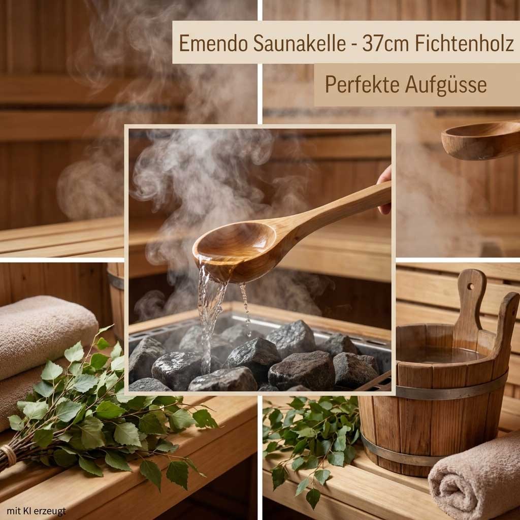Eine hölzerne Saunakelle gießt Wasser auf heiße Saunasteine, wodurch Dampf entsteht.