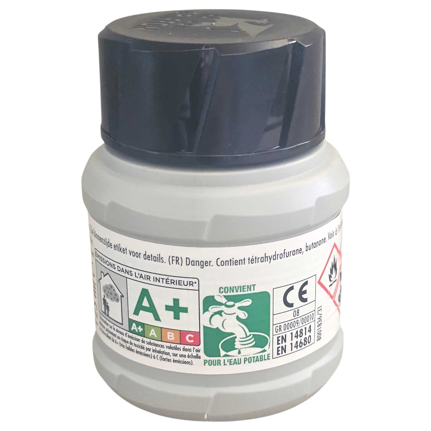 Behälter für Flüssigkeiten mit Sicherheitshinweisen und Gebrauchsanweisungen.