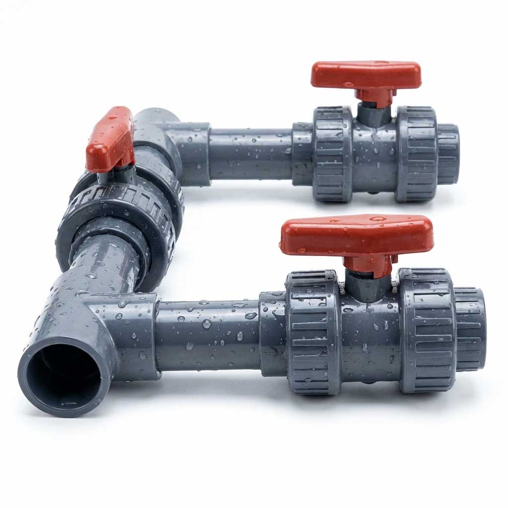 Graue PVC-Rohre mit roten Ventilen, nasse Oberfläche, für Sanitärzwecke.