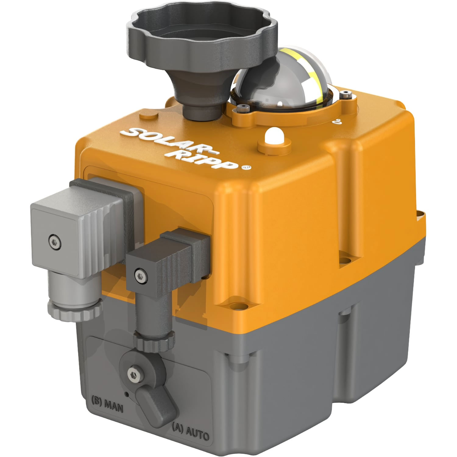 Das Automatisierungsgerät Solar Ripp verfügt über ein grau-orangefarbenes Gehäuse mit manueller/automatischer Steuerung.